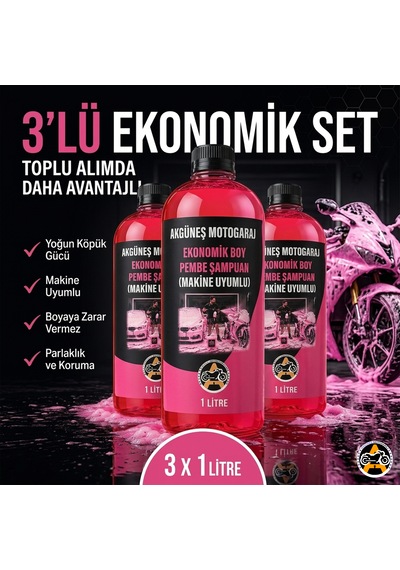3 Adet Akgüneş Motogaraj 1lt Pembe Köpük Oto Şampuanı Konsantre 100 Kat