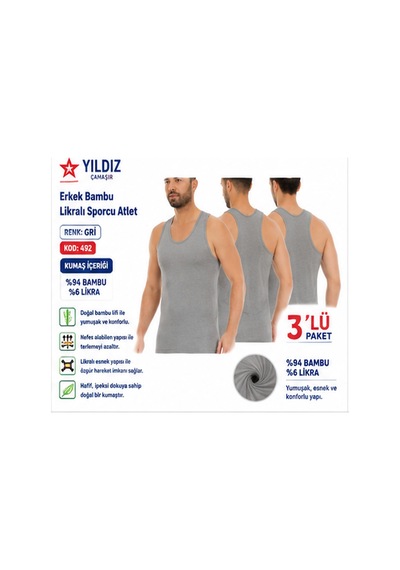 Yıldız Çamaşır Erkek Bambu Sporcu Likralı Atlet 490-491-492 - 3 Adet Gri