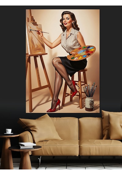 Ahşap Tablo Şövalede Resim Yapan Retro Ressam Kadın