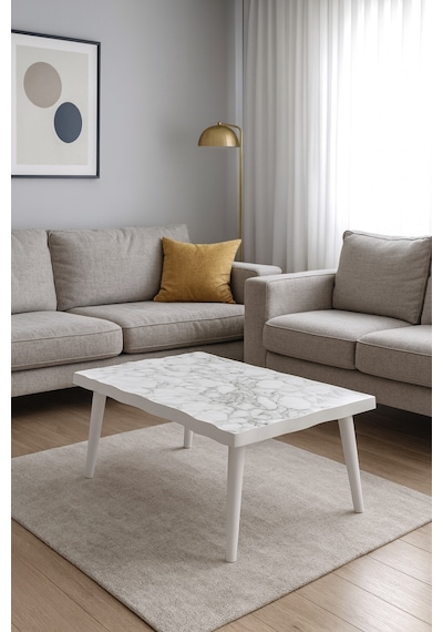 Modern Kavisli Orta Sehpa Mdf Üst Tabla Ahşap Ayaklı Desenli Beyaz Beyaz