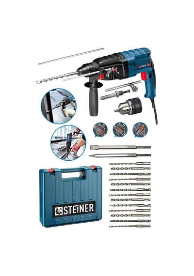 Steiner 4000 W Darbeli Kırıcı Delici Matkap + Mandren + 15 Parça Uç