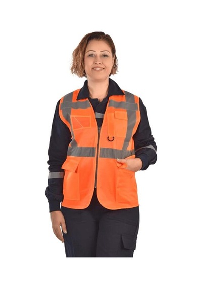 Mühendis İkaz Yeleği Cepli İki Renk Sarı Ve Turuncu Çok Renkli