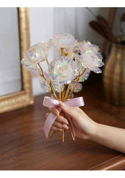 Sevgililer Günü Ve Öğretmenler Günü Hediyesi Solmayan Tekli Galaxy Rose, Gold Saplı Işıltılı Sonsuzluk Gülü 1 Adet Gül