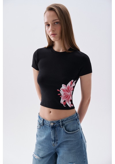 Mudo Kadın Kadın Siyah Fitted Baskılı Bisiklet Yaka T-shirt 1268663