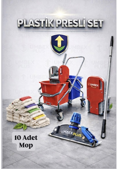 Umbex Çift Kovalı Krom Paspas Arabası Temizlik Arabası Islak Mop Seti 10 Adet Islak Mop