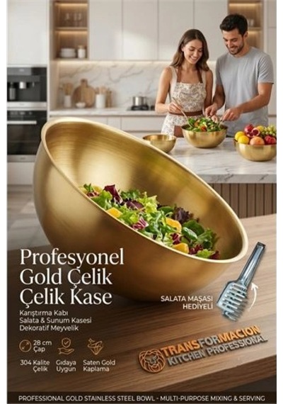 Gold Çelik Profesyonel Kase 28 Cm - Çok Amaçlı Karıştırma Kabı, Salata & Sunum Kasesi, Dekoratif Meyvelik 723295