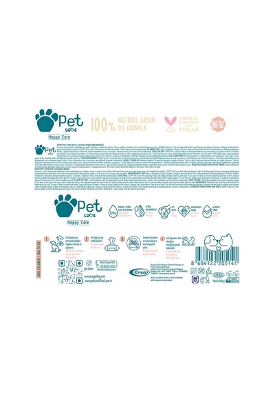 Pet Love Evcil Hayvan Temizleme Mendili Doğal Argan Yağlı 3 x 60 Adet