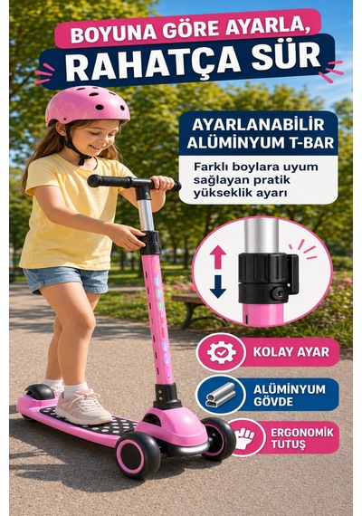 Pembe Speedx Wx-817 Rgb Işıklı Müzikli Çocuk Scooter Ayarlanabilir Alüminyum T-bar Tekerlekli Frenli