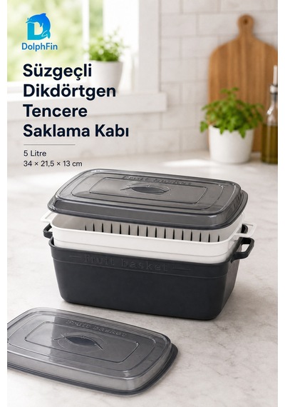 Süzgeçli Dikdörtgen Saklama Kabı Siyah 5 L 34 21,5 13 Cm