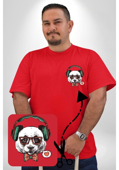 Angemiel Kulaklıklı Hipster Portre Panda Kırmızı Büyük Beden Kadın Basic Minimal Baskılı Tişört Kırmızı