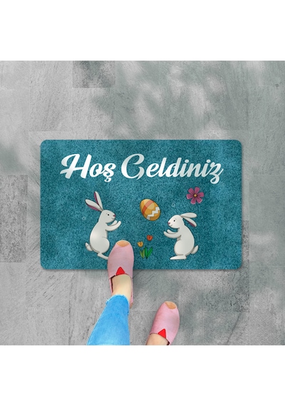 Dijital Baskılı Kapı Önü Paspas Hoşgeldiniz Yazılı Çiçek Desen Ve Tavşan Iç Ve Dış Kapı Yıkanabilir Bej