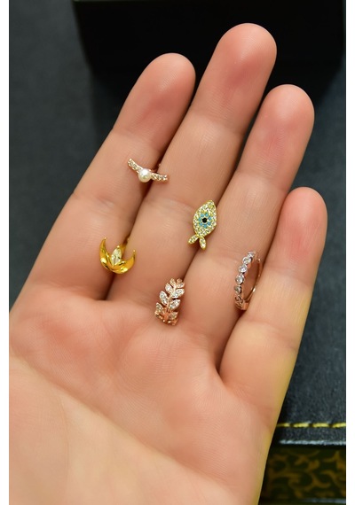 Çelik Üç Renkli 5'li Kombinli Tragus Küpe Model3 Çok Renkli