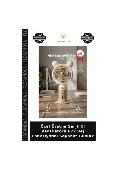 Özel Üretim Şarjlı El Vantilatörü F72 Bej Fonksiyonel Seyahat Günlük