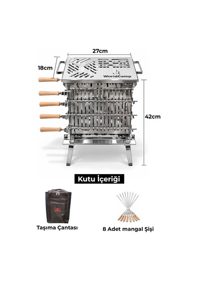 Krom Dikey Şiş Mangal 8 Şiş, Taşıma Çantalı