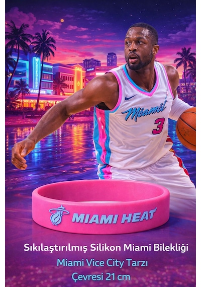 Dwayne Wade Pembe Miami Heat Sert Silikon 21 Cm Forma Numaralı & İmzalı Basketbol Nba Bileklik Pembe Pembe