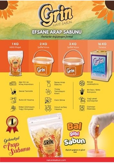 Grin Ekolojik Arap Sabunu, 3 Kg Organik Jel Sabun, Ayçiçeği Yağı Özlü Doğal Sıvı Sabun Kova Diğer