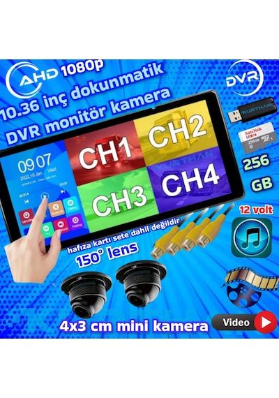 2 Adet 1080p Ahd 150'' Ultra Mini Metal Kasa Kamera 10.36'' Dokunmatik Dvr Ekran 12 V