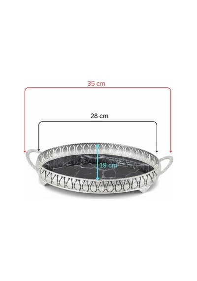 3 Adet Gümüş Renk Mermer Desen Metal Çerçeveli Cam Tepsi - 28x19 Cm Gümüş