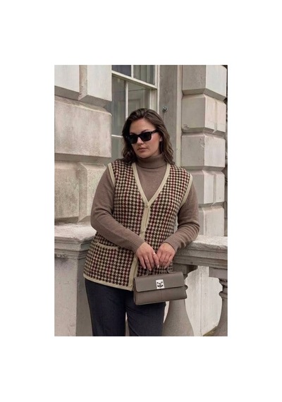 Onno Style Women Kazayağı Desen Renkli Çelik Örgü Triko Kadın Yelek Krem