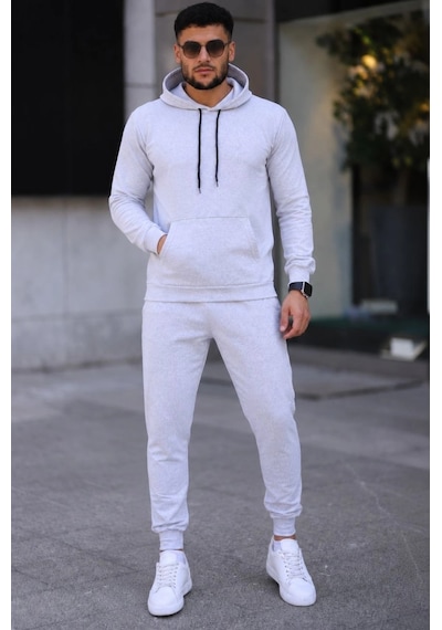 Moda Erkek İki İplik Kapüşonlu Kanguru Cepli Sweatshirt Jogger Pantolon Alt Üst Eşofman Takımı -beyaz Çok Renkli