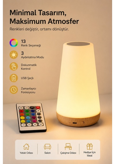 Rgb Dokunmatik Led Masa Lambası Kumandalı, Usb Şarjlı, 1500 Mah, Renk Değiştiren Gece Lambası 8381888