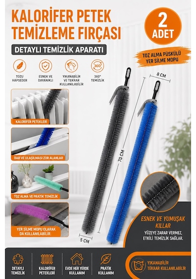 Kalorifer Petek Temizleme Fırçası 70 Cm 2 Adet Esnek Radyatör Temizlik Fırçası Toz Alma Aparatı Yer Silme Mopu