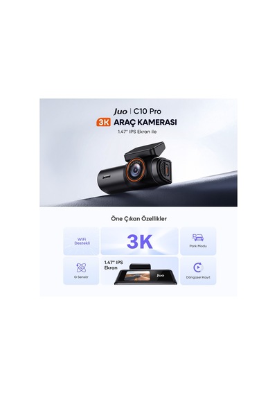Juo C10 Pro 3k Uhd Hdr Wifi Ekranlı Araç Kamerası 170 Derece Geniş Açı Gece Görüşlü G-sensörlü Araç İçi Kamera