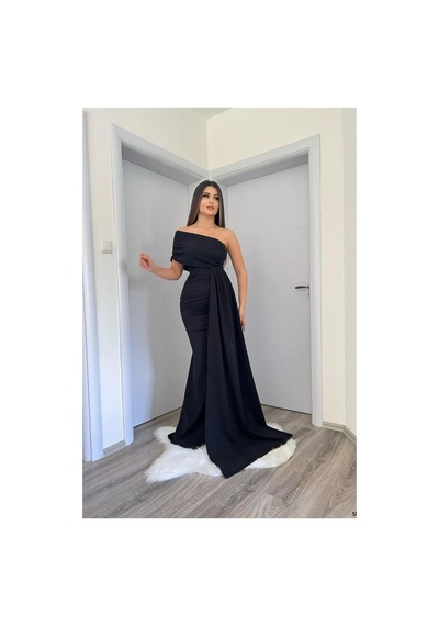 Lior Design Kadın Zarif Stil Tek Omuz Kuyruklu Balık Kesim Abiye Elbise Siyah
