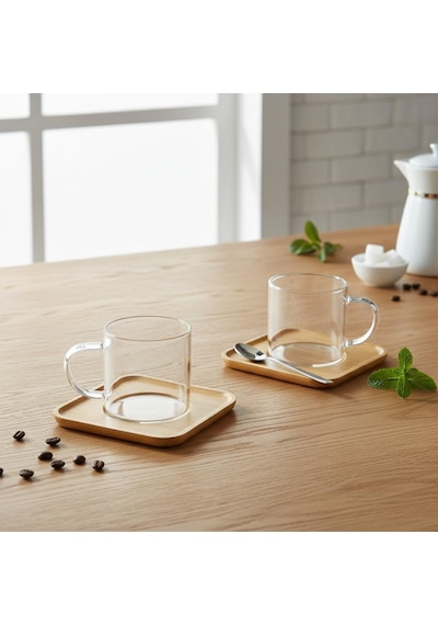 Bambu Tabaklı 2'li Cam Fincan Seti 150 Ml - Yuvarlak/kare Seçenekli Borosilikat Bitki Çayı Ve Double Kahve Fincanı Kare Tabaklı Çok Renkli