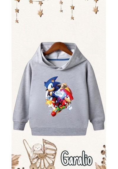 Startmore Sonic Baskılı Kapüşonlu Çocuk Sweatshirt Gri