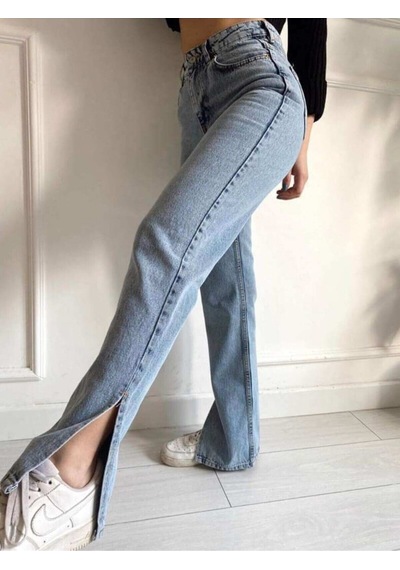 2035 Kadın Likralı Yanı Yırtmaçlı Bol Paça Jeans Kot Denim Pantolon Kar Yıkama