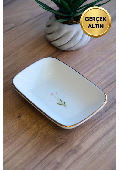 Tabak Evi Porselen Natura Çuha Altın Yaldızlı Dikdörtgen Kayık Tabak 14x9,8cm Tekli Çok Renkli