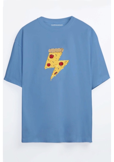 Pizza Power Baskılı Unisex Siyah Oversize T-shirt Mavi
