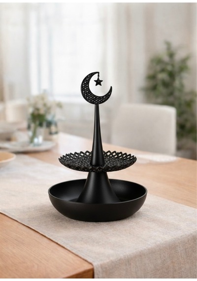 Ramazan Temalı Siyah Dekoratif İftariyelik Sunumluk Hilal & Yıldız Tasarımlı 3d Baskı