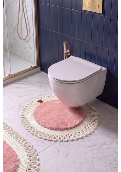 Banyo Paspası Takımı 60x100+60x60 Cm Dış Trikot Pembe & Krem
