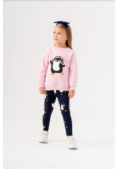 Şubu Tasarım Penguen Baskılı Tayt Takım Pembe