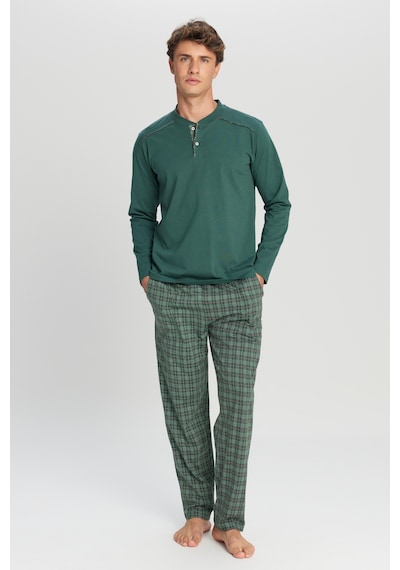 AC&Co / Altınyıldız Classics Erkek Hakı %100 Pamuk Standart Fit Hakim Yaka Desenli Cepli Pijama Takımı Haki