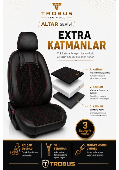 Fiat Egea Cross 2020+ Uyumlu Altar Serisi Tay Tüyü Siyah Kırmızı Premium Koltuk Kılıfı