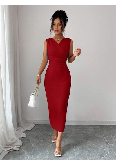 Efnaz Style Kadın Kısa Kollu Hakim Yakalı Çiçek Aksesuar Detaylı Kısa Ithal Krep Elbise Kırmızı
