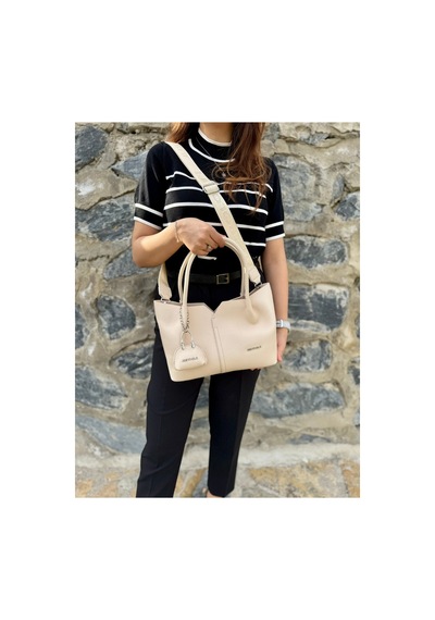 Just Polo Kadın Yumuşak Deri Orta Boy Lüks El & Omuz Çantası Shopper Krem