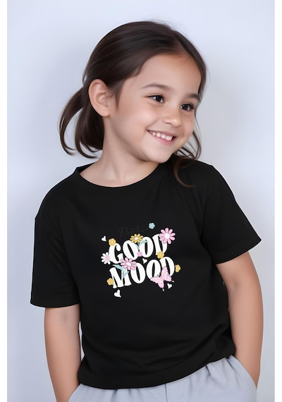 Panios Kids Positive Good Baskılı Kız Çocuk Kısa Kollu T-shirt Siyah