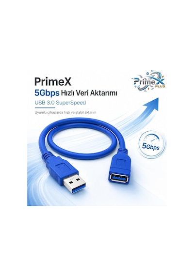 Primex Px-1705 5 Metre Usb 3.0 Uzatma Kablosu, Usb Erkek Dişi Ek Kablosu, Mavi Usb A Male To Female Extension Cable