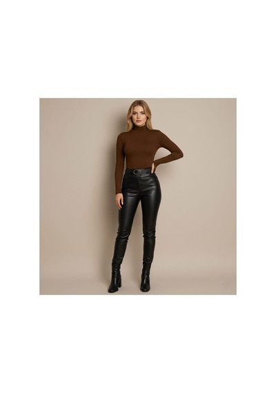 Unika Boutique Uzun Kol Dik Yaka Parmak Geçmeli Body T-shirt Kahverengi