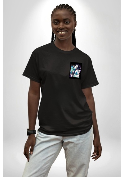 Shinobu Kocho Demon Slayer Siyah Oversize Unisex Ön Sol Yan Minimal Baskılı Tişört Koyu Siyah