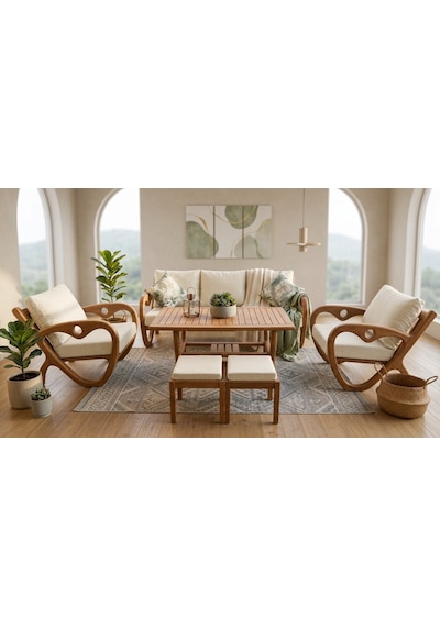 Gardenlove Bahçe Balkon Koltuk Masif Ahşap Kestane Ağacı 3+1+1 Koltuk, Masa Ve Puf Takımı Krem