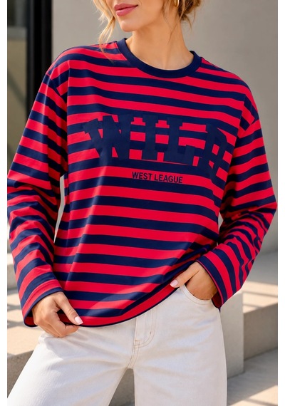 Bbbutikbasic Wild Baskılı Çizgili Uzun Kollu Kadın Sweatshirt My3535 Lacivert