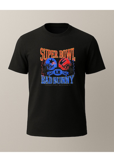 Super Bowl Baskılı Bad Bunny T-shirt Siyah
