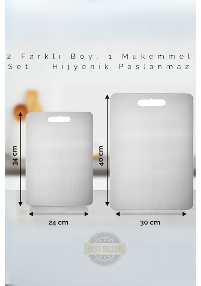 Erya Home 2'li Paslanmaz Çelik Kesme Tahtası Seti 30x40cm-24x34cm
