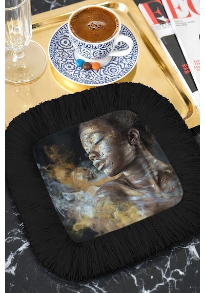 Sanatsal Işıltılı Saçaklı Sunum Peçetesi - Afro Dokunuşlu Bohem Siyah Bardak Altlığı Mendil Soft Göl Bronz