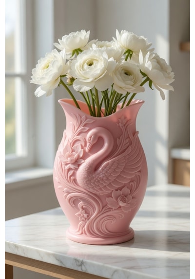 Kuğu Desenli Dekoratif Vazo 15 Cm 3d Baskılı Mat Dokulu Şık Masa Ve Raf Dekoru Pembe